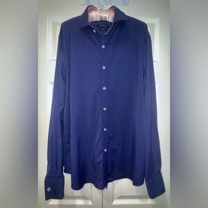 Bugatchi men's button down shirt. Blue with dotted design. NO SIZE TAG EUC